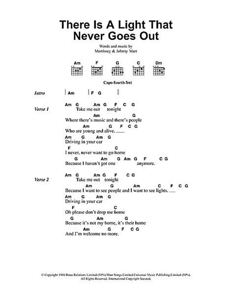Interactive chords for The Smiths - There Is A Light that Never Goes Out. See realtime chords on guitar, piano and ukulele as you are listening the song.